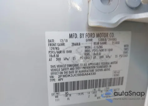 2011 Ford Edge Sel z USA, uszkodzony, nr VIN 2FMDK3JC5BBA64330